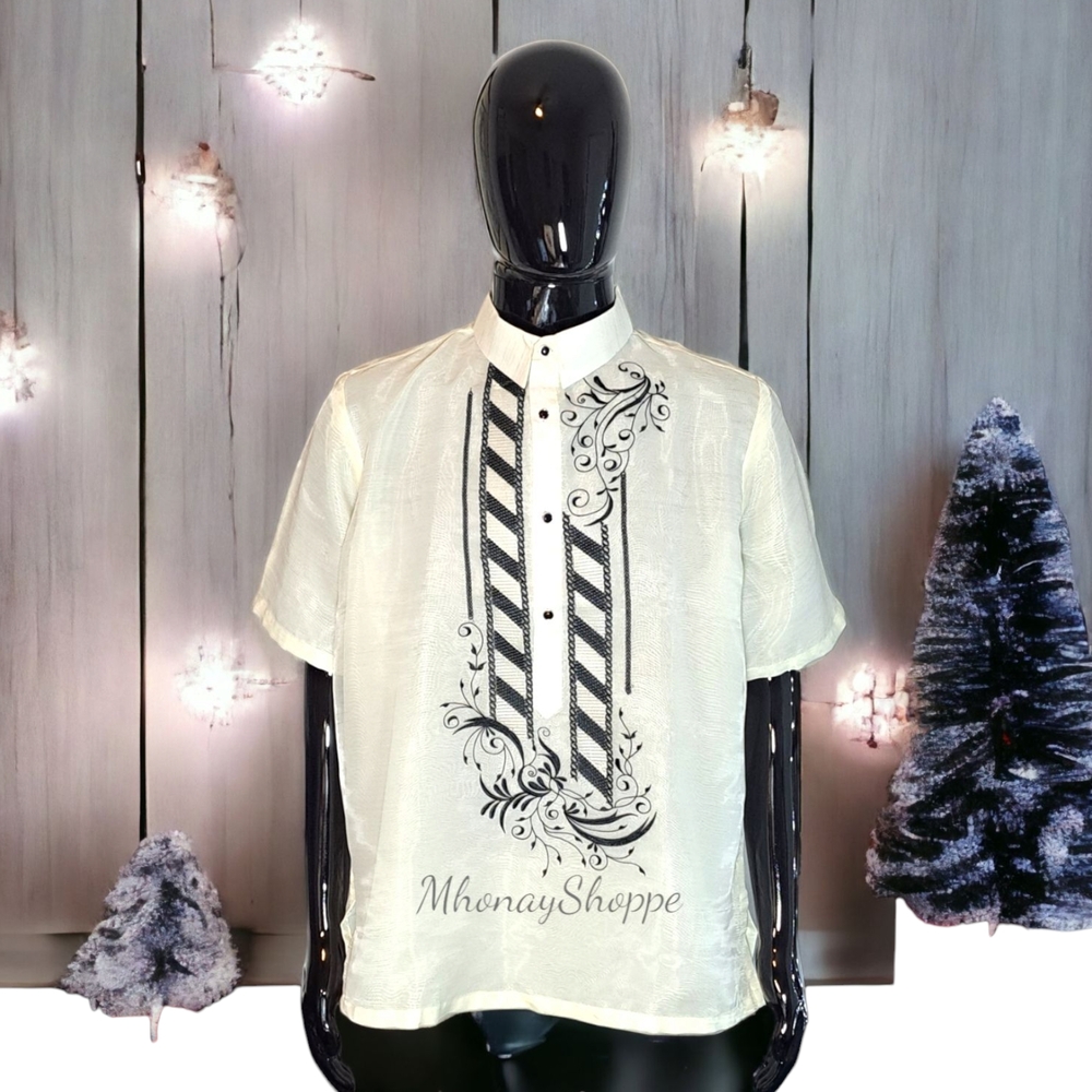 POLO Barong Tagalog Men’s Shirt Black | Filipino Premium Organza Embroidered